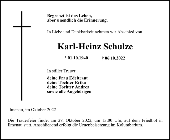 Traueranzeige von Karl-Heinz Schulze von Thüringer Allgemeine