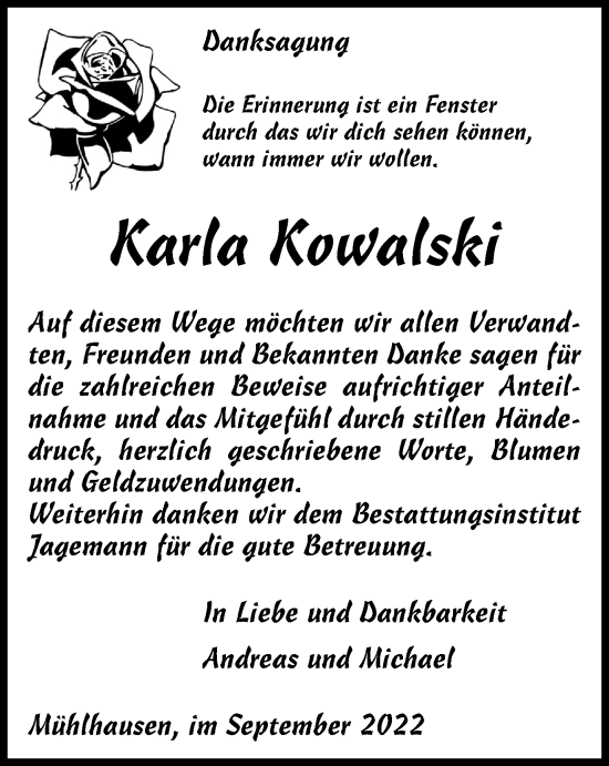 Traueranzeige von Karla Kowalski von Thüringer Allgemeine, Thüringische Landeszeitung