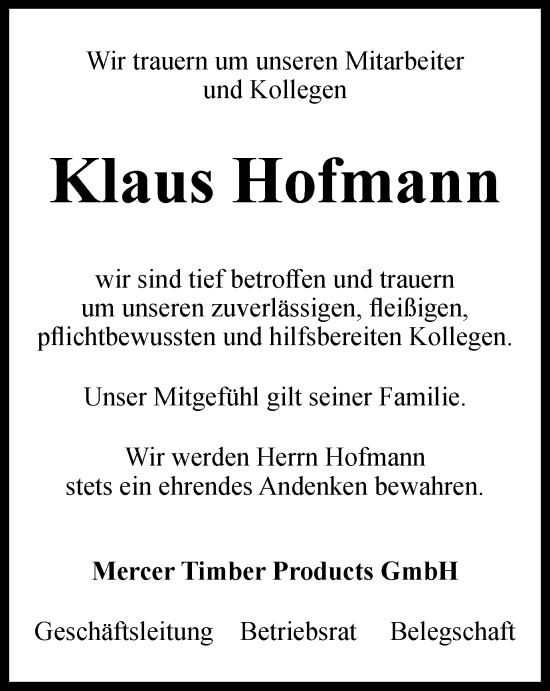 Traueranzeige von Klaus Hofmann von Ostthüringer Zeitung