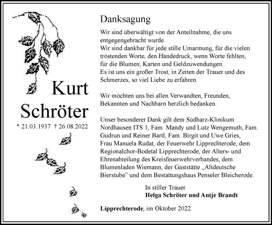 Traueranzeige von Kurt Schröter von Thüringer Allgemeine