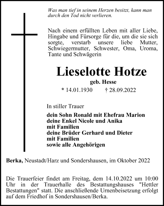 Traueranzeige von Lieselotte Hotze von Thüringer Allgemeine