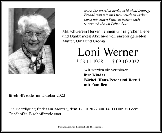 Traueranzeige von Loni Werner von Thüringer Allgemeine