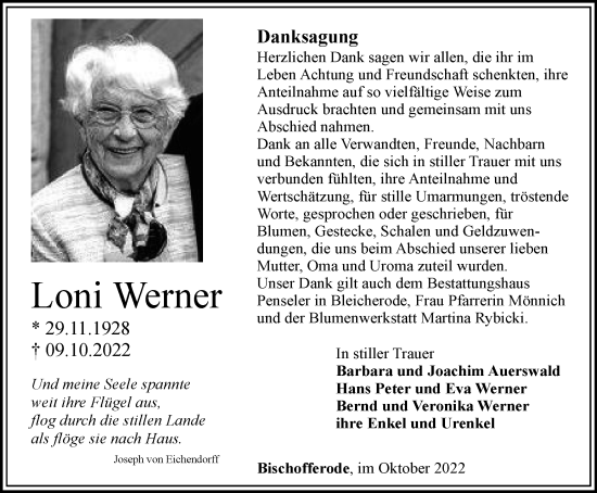 Traueranzeige von Loni Werner von Thüringer Allgemeine