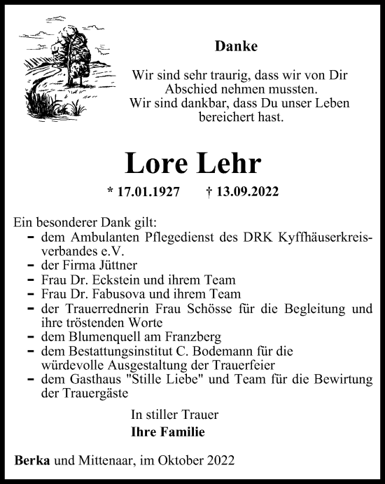 Traueranzeige von Lore Lehr