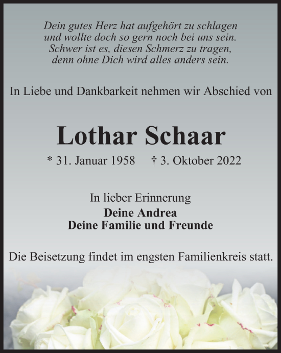Traueranzeige von Lothar Schaar von Ostthüringer Zeitung