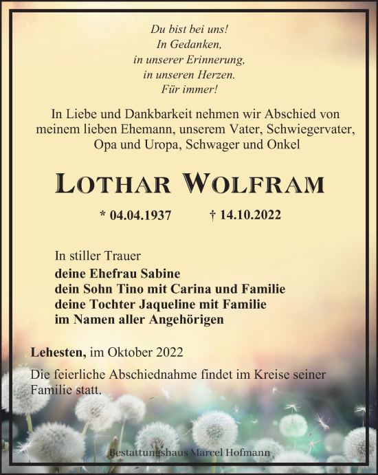 Traueranzeige von Lothar Wolfram