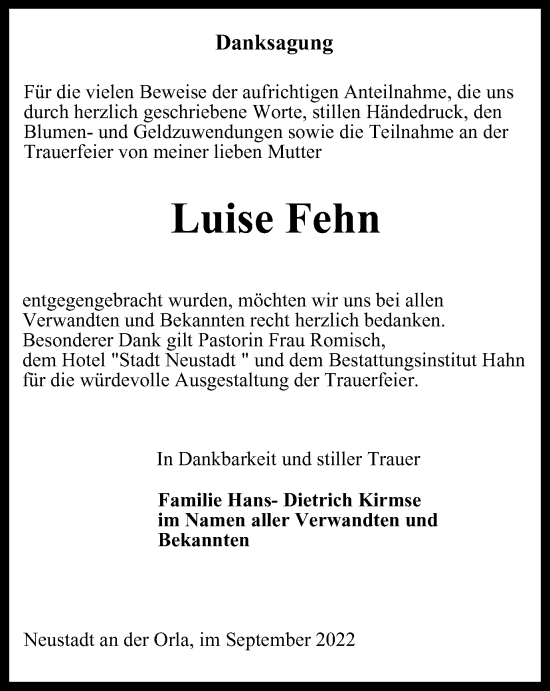 Traueranzeige von Luise Fehn