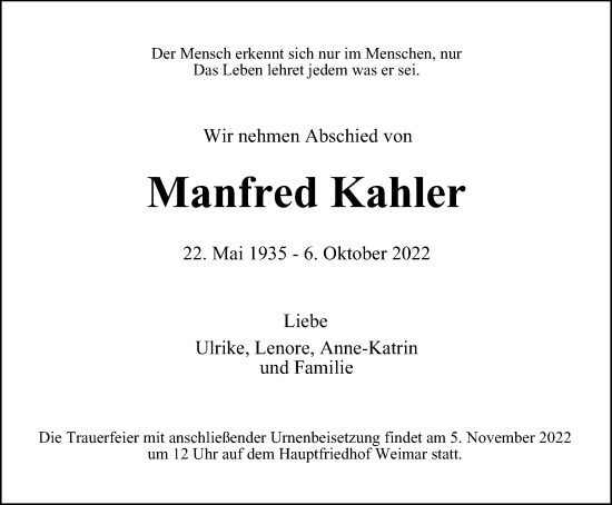 Traueranzeige von Manfred Kahler von Thüringer Allgemeine, Thüringische Landeszeitung