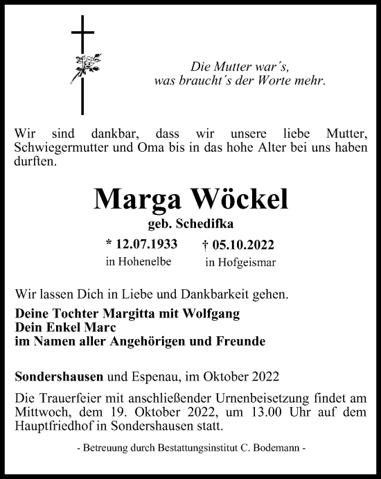 Traueranzeige von Marga Wöckel