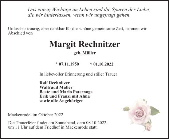 Traueranzeige von Margit Rechnitzer von Thüringer Allgemeine