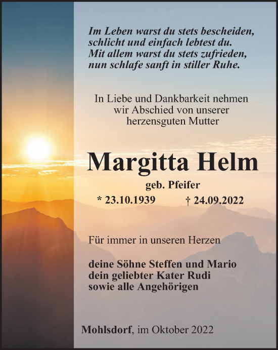 Traueranzeige von Margitta Helm von Ostthüringer Zeitung