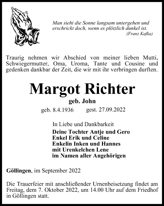 Traueranzeige von Margot Richter von Thüringer Allgemeine