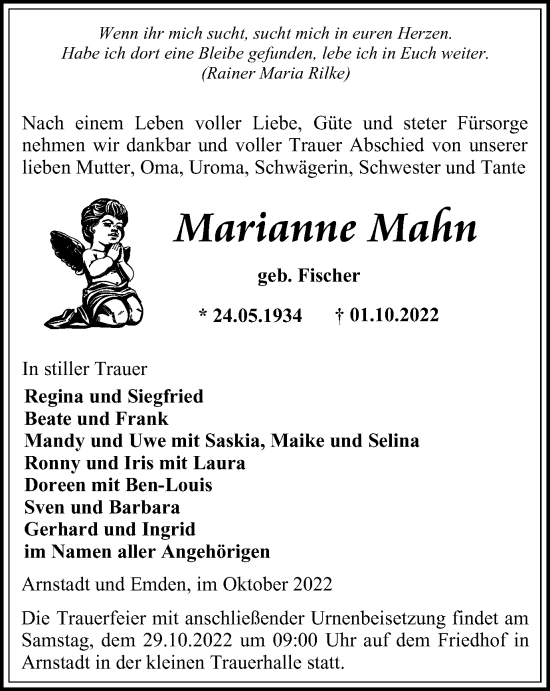 Traueranzeige von Marianne Mahn von Thüringer Allgemeine