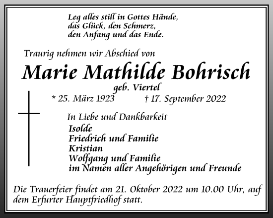 Traueranzeige von Marie Mathilde Bohrisch