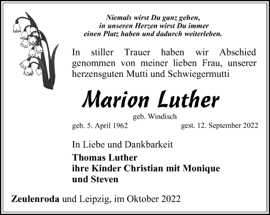 Traueranzeige von Marion Luther von Ostthüringer Zeitung