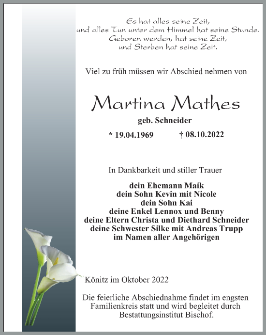 Traueranzeige von MArtina Mathes von Ostthüringer Zeitung