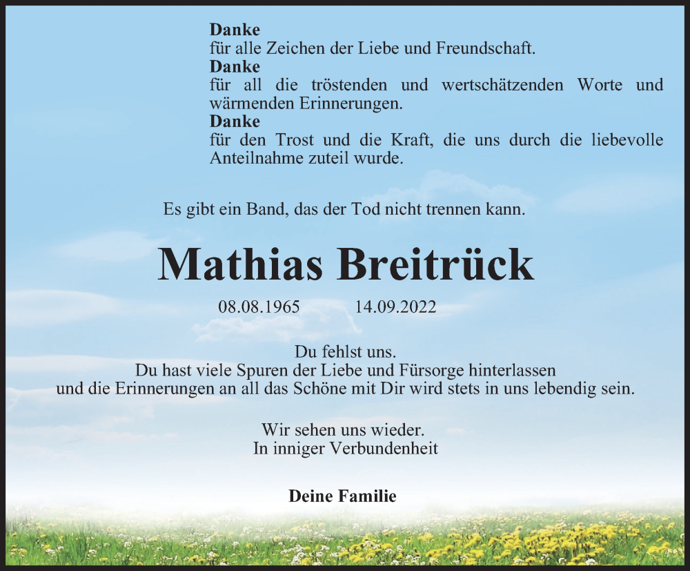  Traueranzeige für Mathias Breitrück vom 15.10.2022 aus Ostthüringer Zeitung