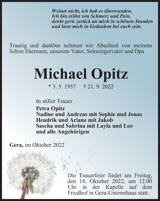 Traueranzeige von Michael Opitz von Ostthüringer Zeitung