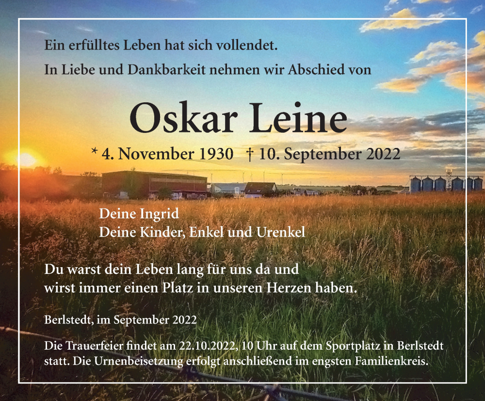  Traueranzeige für Oskar Leine vom 01.10.2022 aus Thüringer Allgemeine, Thüringische Landeszeitung