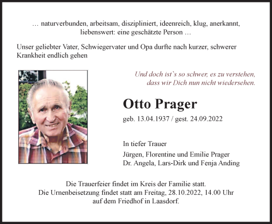 Traueranzeige von Otto Prager von Ostthüringer Zeitung