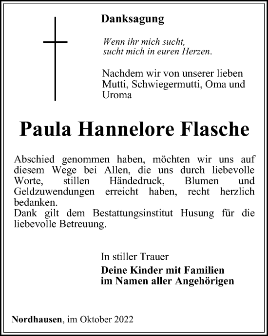 Traueranzeige von Paula Hannelore Flasche von Thüringer Allgemeine