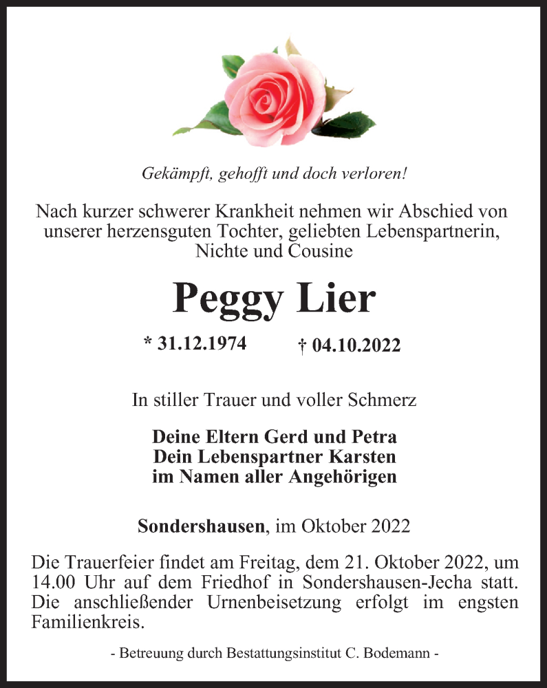  Traueranzeige für Peggy Lier vom 15.10.2022 aus Thüringer Allgemeine