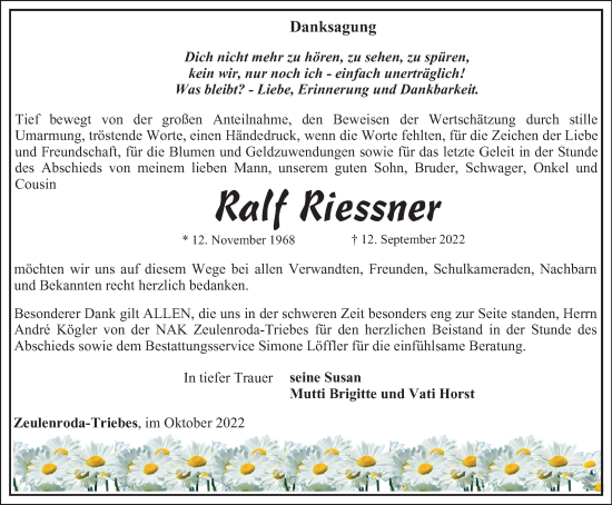 Traueranzeige von Ralf Riessner von Ostthüringer Zeitung