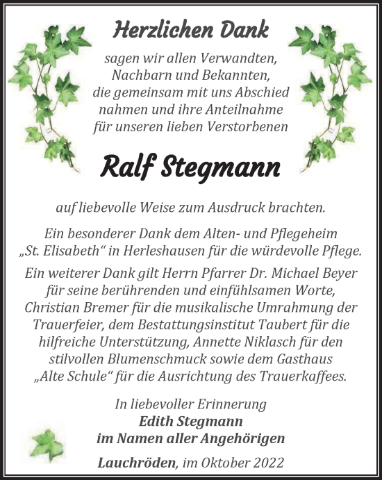 Traueranzeige von Ralf Stegmann von Thüringer Allgemeine, Thüringische Landeszeitung