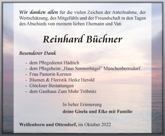 Traueranzeige von Reinhard Büchner von Ostthüringer Zeitung