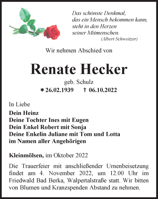 Traueranzeige von Renate Hecker von Thüringer Allgemeine, Thüringische Landeszeitung