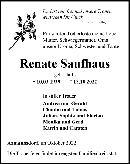 Traueranzeige von Renate Saufhaus von Thüringer Allgemeine, Thüringische Landeszeitung