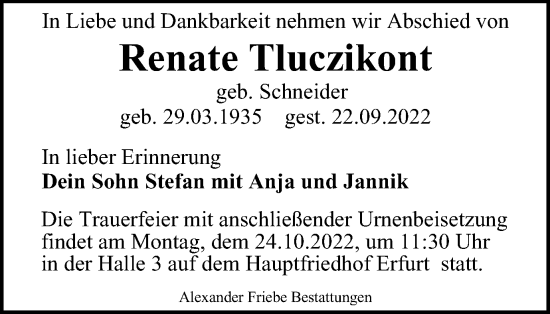 Traueranzeige von Renate Tluczikont