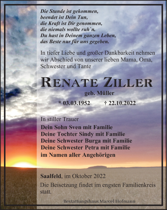 Traueranzeige von Renate Ziller