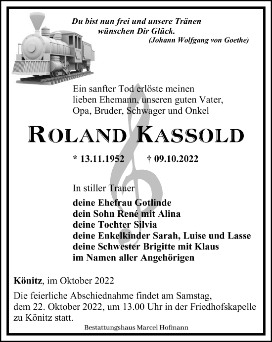 Traueranzeige von Roland Kassold von Ostthüringer Zeitung