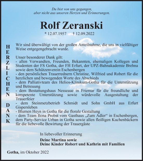 Traueranzeige von Rolf Zeranski von Thüringer Allgemeine, Thüringische Landeszeitung