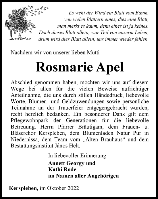 Traueranzeige von Rosmarie Apel von Thüringer Allgemeine, Thüringische Landeszeitung