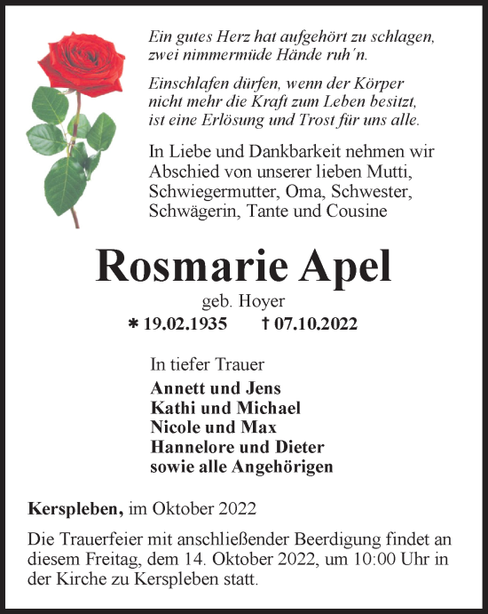 Traueranzeige von Rosmarie Apel von Thüringer Allgemeine, Thüringische Landeszeitung