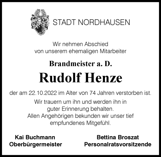 Traueranzeige von Rudolf Henze von Thüringer Allgemeine