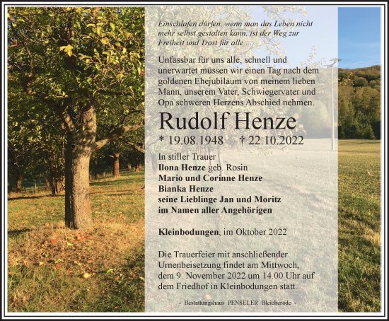 Traueranzeige von Rudolf Henze von Thüringer Allgemeine
