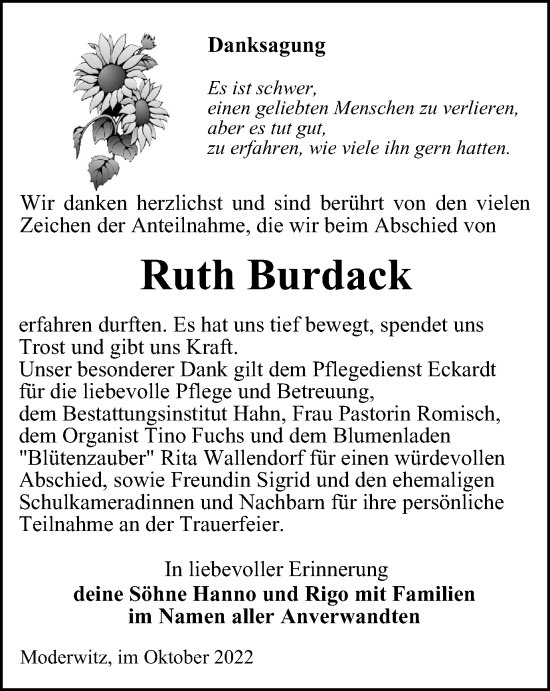 Traueranzeige von Ruth Burdack