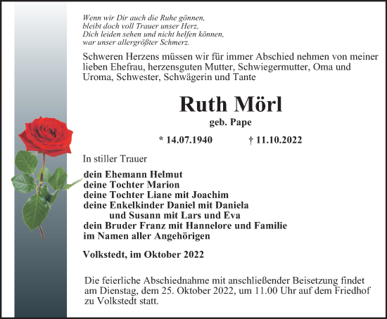 Traueranzeige von Ruth Mörl