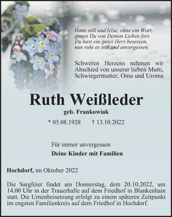 Traueranzeige von Ruth Weißleder von Thüringer Allgemeine, Thüringische Landeszeitung