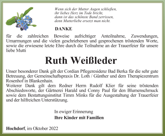 Traueranzeige von Ruth Weißleder von Thüringer Allgemeine, Thüringische Landeszeitung