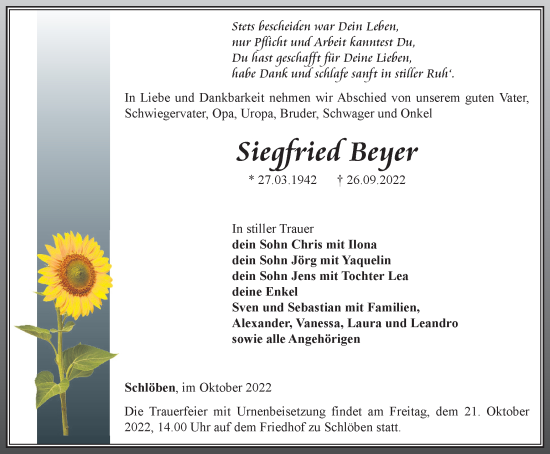 Traueranzeige von Siegfried Beyer von Ostthüringer Zeitung