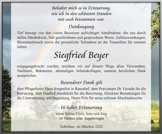 Traueranzeige von Siegfried Beyer von Ostthüringer Zeitung