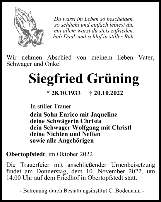 Traueranzeige von Siegfried Grüning