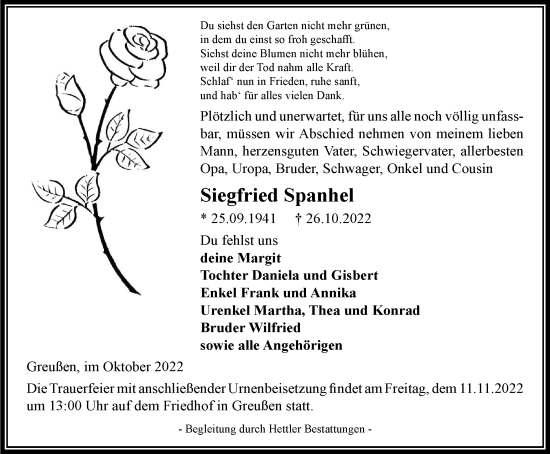 Traueranzeige von Siegfried Spanhel von Thüringer Allgemeine