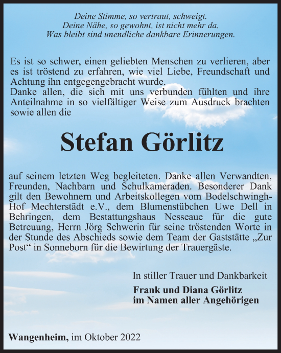 Traueranzeige von Stefan Görlitz von Thüringer Allgemeine, Thüringische Landeszeitung