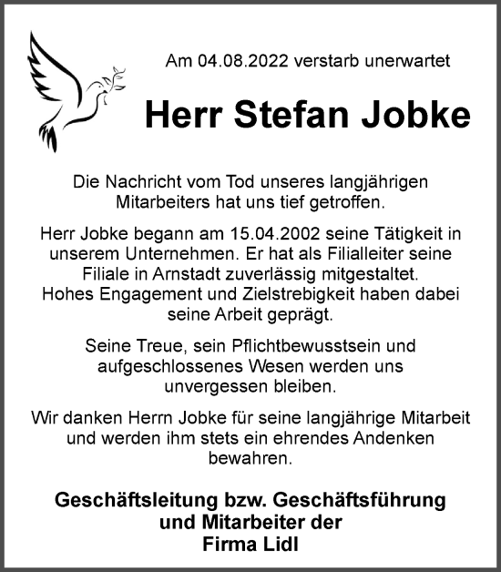 Traueranzeige von Stefan Jobke von Thüringer Allgemeine