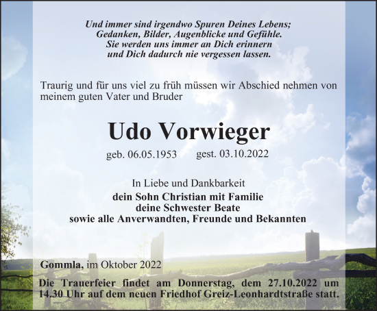 Traueranzeige von Udo Vorwieger von Ostthüringer Zeitung